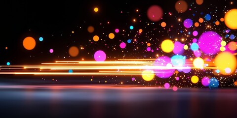 Poster - Dark background with a long, colorful line of small circles. The circles are of various sizes and colors, creating a vibrant and dynamic scene. Scene is energetic and lively