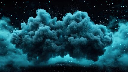 Wall Mural - dramatic blue smoke cloud with glittering particles in a dark background for creative applications
