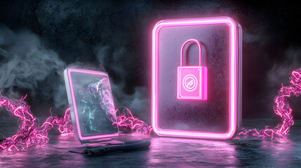Cyberpunk security concept with glowing lock and digital interface. Ideal for tech blog or website design. Emphasizes data protection and future technology.
