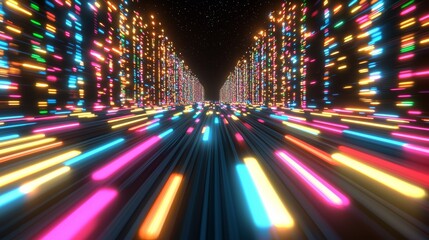 Fototapete - Colorful, neon-lit city street with a bright blue sky in the background. The street is filled with neon lights and the buildings are tall and colorful. Scene is energetic and vibrant