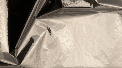 Fototapete - Silver foil with shiny, metallic texture creates a smooth, reflective surface. Crinkled, folded design in angular, minimalistic style adds elegance and high contrast, perfect for modern wrapping,.