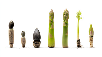 Educational layout of asparagus plant development stages from seed to sprout, visually presented on white background — ideal for botany, farming, and biology themes.