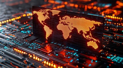 Aufkleber - Computer chip with a glowing map of the world on it. Concept of technology and innovation, as well as the interconnectedness of the world