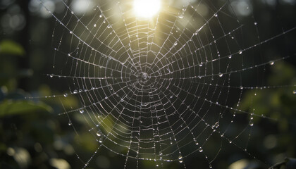 spider web glistens with dew in morning sunlight, creating delicate and intricate pattern against blurred natural background. droplets sparkle, enhancing web beauty