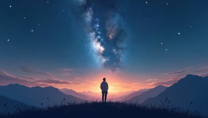 Wall Mural - illustration of person gazing at majestic milky way in night sky. silhouette of stargazer standing o