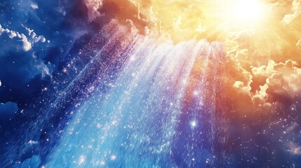 Wall Mural - Heavenly waterfall cascading through clouds into an illuminated space