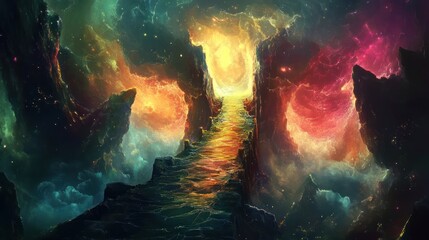 Wall Mural - A glowing celestial path ascends between rocky cosmic formations
