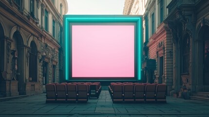 Poster - Large screen is set up in the middle of a city street with empty seats. The empty seats and the neon lights give the impression of a movie theater