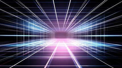 Aufkleber - Large, empty room with a blue and pink color scheme. The room is filled with many lines and dots, creating a sense of depth and movement. Scene is one of emptiness and vastness, with the lines