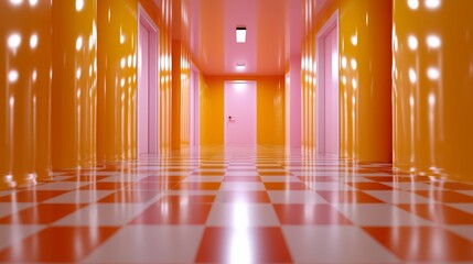 Aufkleber - Long hallway with orange walls and pink doors. The walls are painted in bright colors, giving the impression of a fun and lively atmosphere