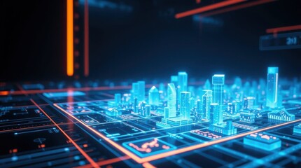 Wall Mural - futuristic city hologram with glowing neon grid lines and high tech design