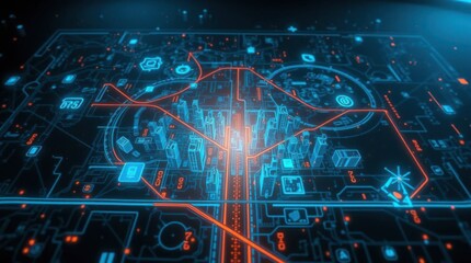 Wall Mural - futuristic city map with neon lights and digital network connections design