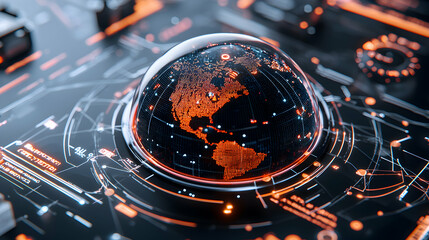 A futuristic globe embedded in a network. Ideal for representing global data analytics or technological advancements. Suitable for tech presentations or website backgrounds.