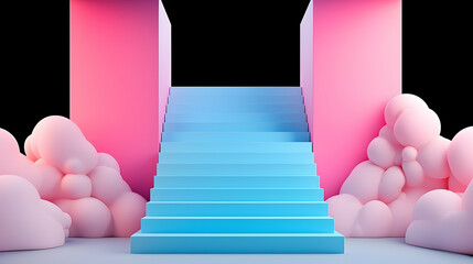 Wall Mural - pastel blue staircase ascending to ethereal light amidst pink clouds