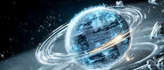 A digital globe with code orbiting in space symbolizes data and technology innovation. Suitable for tech business presentations marketing materials and website design elements.