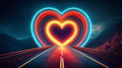 Fototapete - Neon heart is lit up on a road. The heart is surrounded by a rainbow of colors, and it is glowing in the dark. The scene gives off a feeling of warmth and love