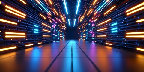 Aufkleber - Neon tunnel with bright lights and a dark background. The tunnel is long and narrow, with a bright blue floor. The lights are arranged in a way that creates a sense of movement and depth