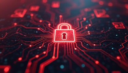 Wall Mural - cyber security concept digital background red lock on circuit board, technology privacy protection s