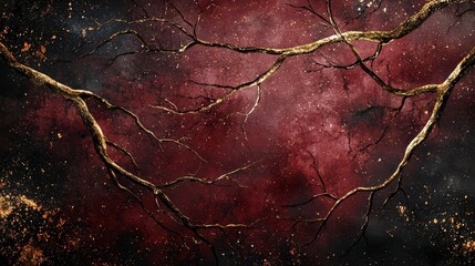 Fototapete - Painting of a tree with gold branches and red leaves. The tree branches are surrounded by a red background with a black sky. The painting has a warm and inviting mood, with the gold branches