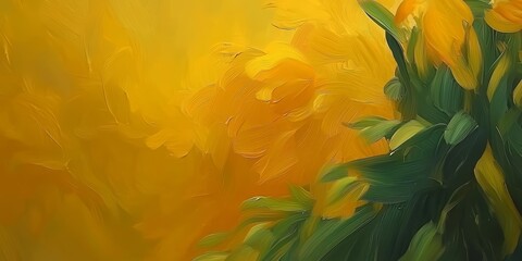 Poster - Painting of yellow flowers with green leaves. The painting is very bright and cheerful. The flowers are in the foreground and the background is yellow