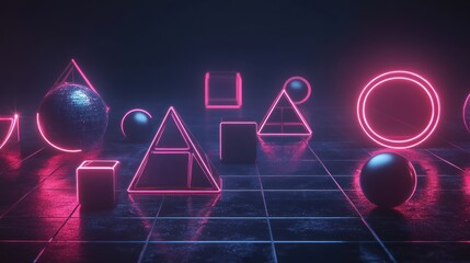 Wall Mural - neon geometric shapes on tiled floor