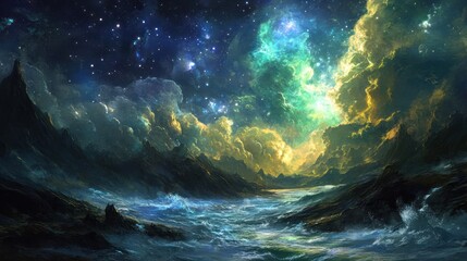 a celestial landscape featuring a vibrant sky and stormy ocean