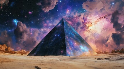 Wall Mural - A cosmic pyramid stands upon a desert landscape in space