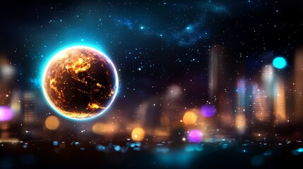 Aufkleber - Planet with a bright orange surface is surrounded by a cityscape. The cityscape is lit up with a variety of colors, creating a vibrant and dynamic atmosphere
