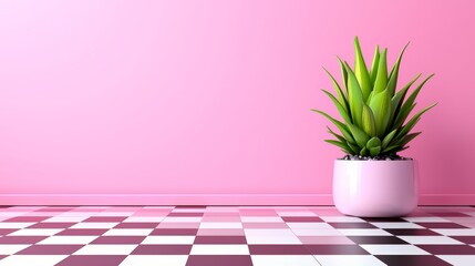 Aufkleber - Pink wall with a green plant in a pink pot. The plant is on a checkered floor