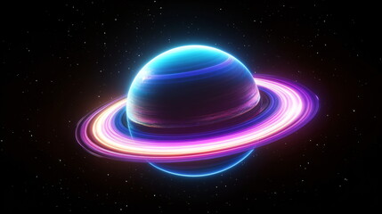 Wall Mural - Digital illustration of a neon blue and purple gas giant with ring in deep space. Abstract stylized planet with starry background, universe wallpaper design.