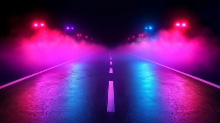 Aufkleber - Road with a bright blue and purple glow. The road is wet and the lights are on