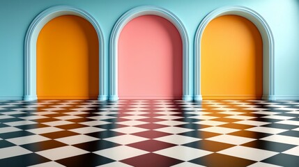 Aufkleber - Room with three arched openings and a checkered floor. The arches are painted in different colors, and the floor is black and white. The room has a modern and artistic feel to it