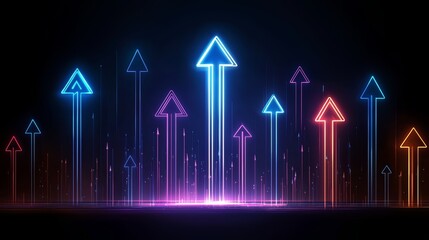 Leinwandbilder - Series of neon arrows pointing upwards in a dark background. The arrows are in different colors and sizes, creating a sense of movement and energy. The image conveys a feeling of progress