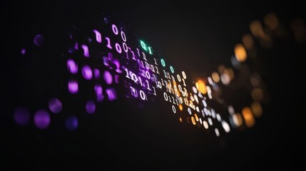Poster - Series of numbers and letters are displayed in a purple and orange color scheme. Concept of technology and complexity, with the numbers and letters appearing to be floating in the air