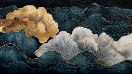 Poster - The painting depicts a beautiful ocean scene with two large waves and a few smaller waves. The waves are surrounded by a blue and white background, with a few gold accents