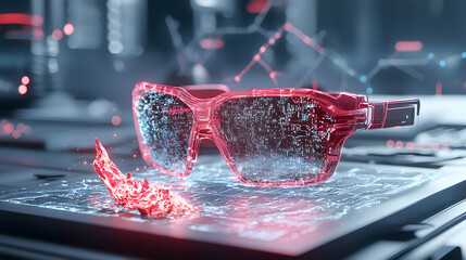 Futuristic red glasses on a tech surface. The image suggests AR VR or data visualization. Use it to illustrate innovative concepts or future technologies.
