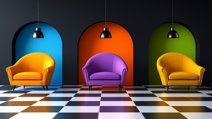 Aufkleber - Three colorful chairs are arranged in a room with a checkered floor. The chairs are of different colors, with one being orange, one being purple, and one being green. The room has a modern