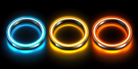 Aufkleber - Three glowing rings in different colors. The rings are illuminated and appear to be neon. The colors are blue, yellow, and orange. The rings are arranged in a row, with the blue one on the left