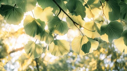 Poster - Tree branch with leaves is shown in the sunlight. The leaves are green and have a speckled pattern. Concept of peace and tranquility, as the sunlight highlights the beauty of nature