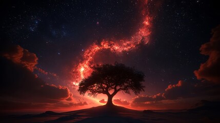 Aufkleber - Tree is in the middle of a starry sky. The sky is filled with stars and the tree is surrounded by a glowing red cloud. The scene is peaceful and serene, with the tree standing tall