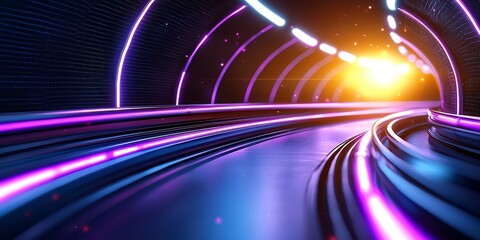 Fototapete - Tunnel with purple walls and a bright yellow sun shining through it. The tunnel is illuminated by neon lights, creating a futuristic and mysterious atmosphere