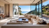 Ocean view luxury living room; hillside home interior design; relaxation