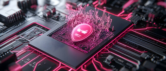 A futuristic image of a circuit board with a glowing security icon. Suggesting digital protection and data safety within the network. Ideal for cybersecurity presentations or tech design materials.