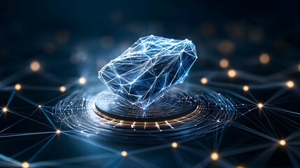Abstract digital artwork depicts a geometric structure surrounded by glowing lines and spheres. Suggesting concepts of data flow and technological connectivity.