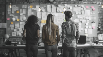 Web developers working on a new website design, brainstorming near whiteboard.