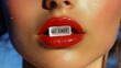 © lime - Bold Portrait of a Blonde Model with Blue Eyes and Candy on Her Tongue Reading 'Go Easy', Captured in Vivid Hyperrealist Style.Generative AI