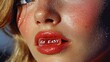 © lime - Stylized Beauty Shot of Blonde Supermodel with Bright Candy and Lip Message 'Go Easy', in a Colorful Editorial Look.Generative AI