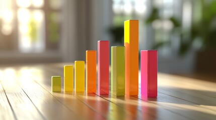 Poster - A clear and concise business bar graph showing comparative data between competitors, featuring vibrant colors and shadows, placed on a light wooden table for emphasis.
