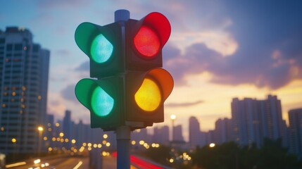 Poster - A close-up of a traffic light with vibrant red, yellow, and green lights illuminated against a blurred city backdrop, showcasing the importance of traffic signals.