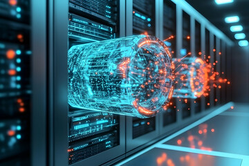 A server room showcasing digital data flow. It visualizes data transfer and network communication in a futuristic abstract representation. Ideal for tech presentations.